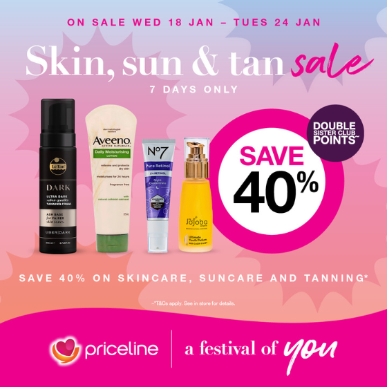 <p>Priceline’s massive ‘Skin, sun and tan’ sale is on now!</p>
<p>Save 40% on Skincare, suncare and tanning, and earn double Sister Club points!</p>
<p>Plus save ½ price on Bondi Sands, L’Oréal, Olay, Neutrogena and more!</p>
<p>Hurry, sale ends Tuesday 24 January 2023.</p>
