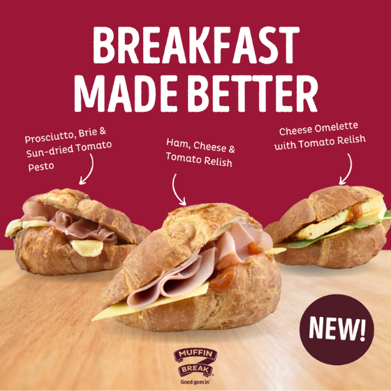 <p>Muffin Break are making breakfast better with their NEW Croissant Range!</p>
<p>Available in 3 delicious fillings:</p>
<ol>
<li>Ham and Cheese with Tomato Relish</li>
<li>Cheese Omelette with Tomato Relish (Vegetarian)</li>
<li>Prosciutto & Brie with Sundried Tomato Pesto</li>
</ol>
<p>Head into Muffin Break now! Try all 3 before they’re gone!</p>
