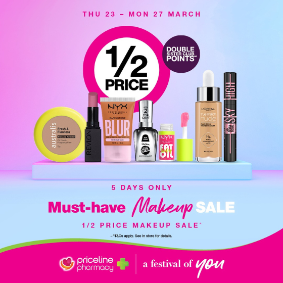 <p>Priceline Pharmacy has all your health, beauty and wellbeing needs covered.</p>
<p>Right now, explore their ½ price Makeup Sale for 5 days only.</p>
<p>Hurry, sale ends Monday!</p>
<p>Terms and conditions apply. See in store for details.</p>
