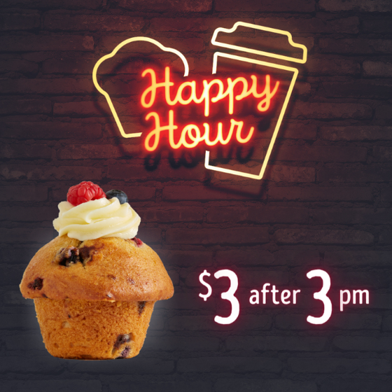 <p>Put a smile on your face with Happy Hour.</p>
<p>Pop into Muffin Break to grab a $3 muffin with any order after 3pm. Why not pair it with a barista made coffee?</p>
