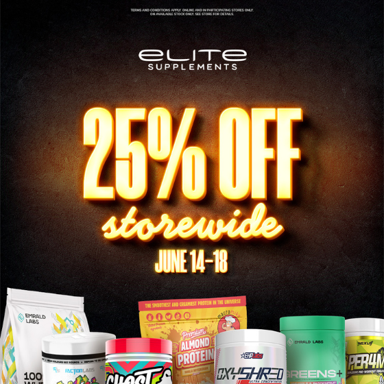 <p><em>Elite Supps is coming at you with</em><em>⁠</em><em> an UNREAL DEAL </em><em>🤯</em><em>From June 14 – 18, enjoy 25% off storewide!</em></p>
<p><em>Want to try a new pre? Perfect time! Need an excuse to stock up on your favourite protein? Timing has never been better! </em><em>⁠</em><em><br />
No matter your reason, treat yourself – you deserve it legend </em></p>
