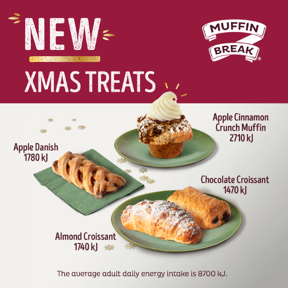 <p>Tis the season for delectable delights at @MuffinBreak! 🎄✨</p>
<p>Embrace the festive flavour with our Christmas treats lineup featuring the delicious Apple Cinnamon Crunch Muffin, Apple Danish, Chocolate Croissant, and Almond Croissant.</p>
<p>#muffinbreak #abreakthatsworthit</p>
